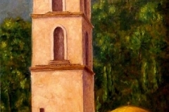 Church and El Popo, 2001, oil-panel, 48 x 16 in. [03] NFS